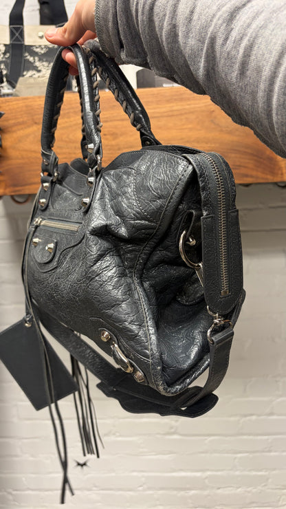 Balenciaga Grey Lambskin Leather ‘City Bag’ with Silver Hardware & Crossbody Strap