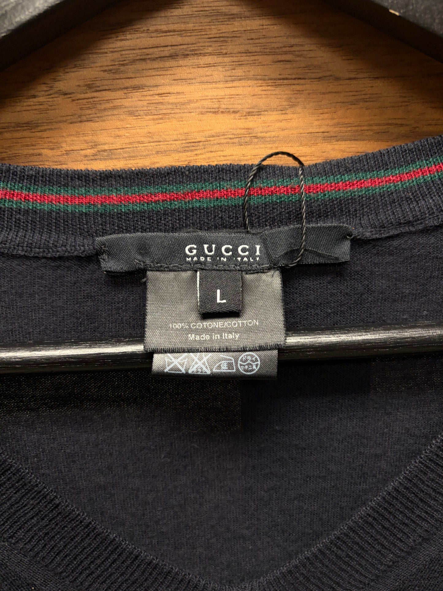 2000s Gucci ‘Stripe Logo’ Cuff Finished V-Neck Knit Sweater