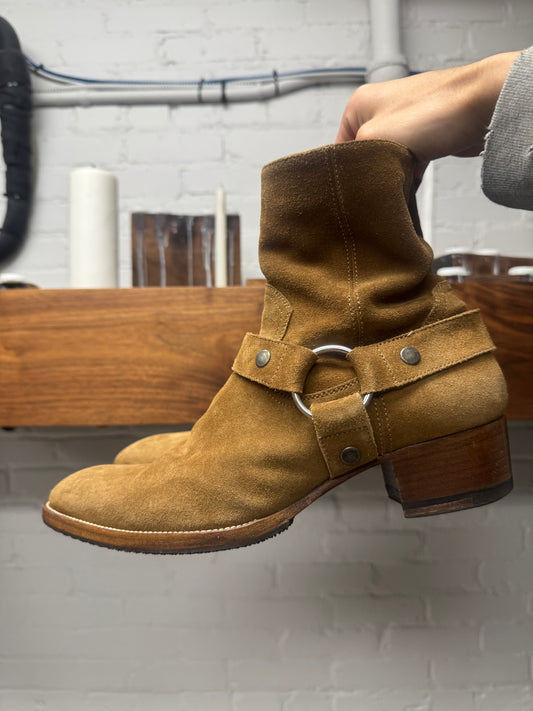 Saint Laurent ‘Wyatt’ Brown Suede Harness Boots