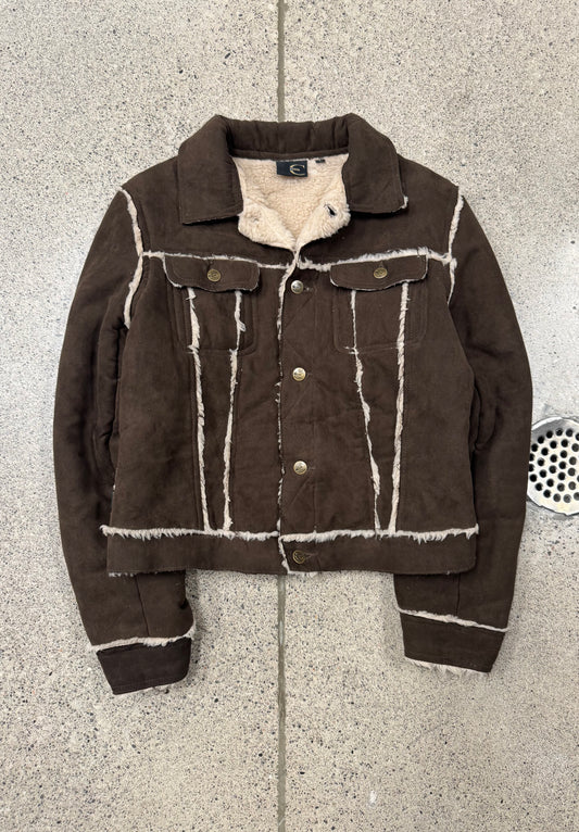 Roberto Cavalli Shearling Trim Brown Suede Trucker Jacket