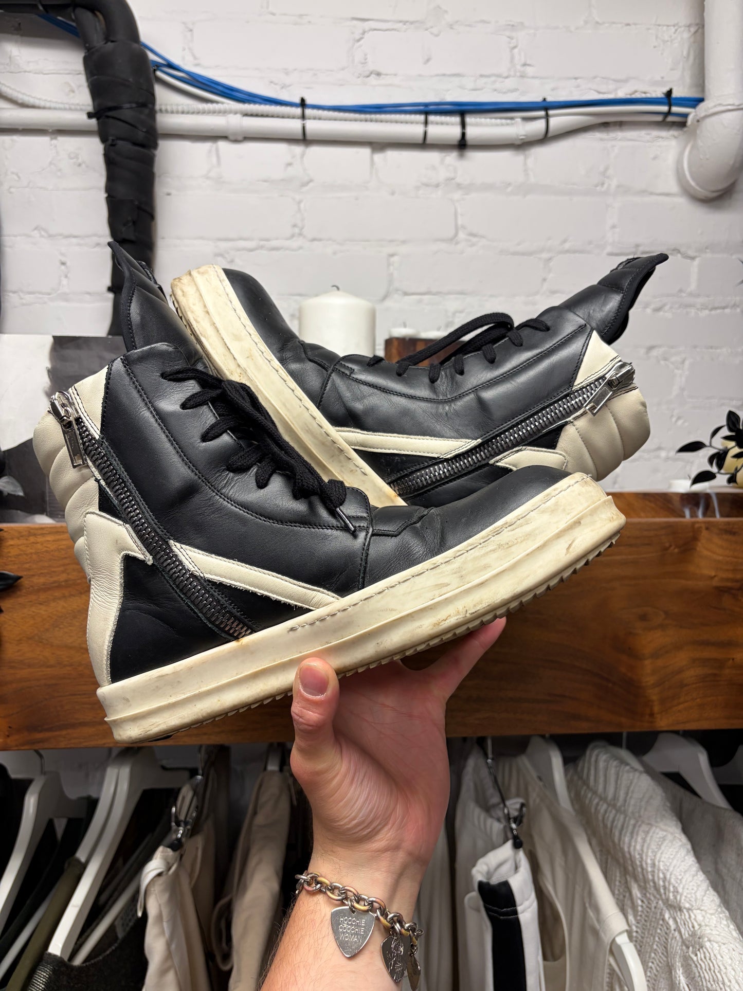 Rick Owens Geobasket Black/Milk Leather High Top Sneakers