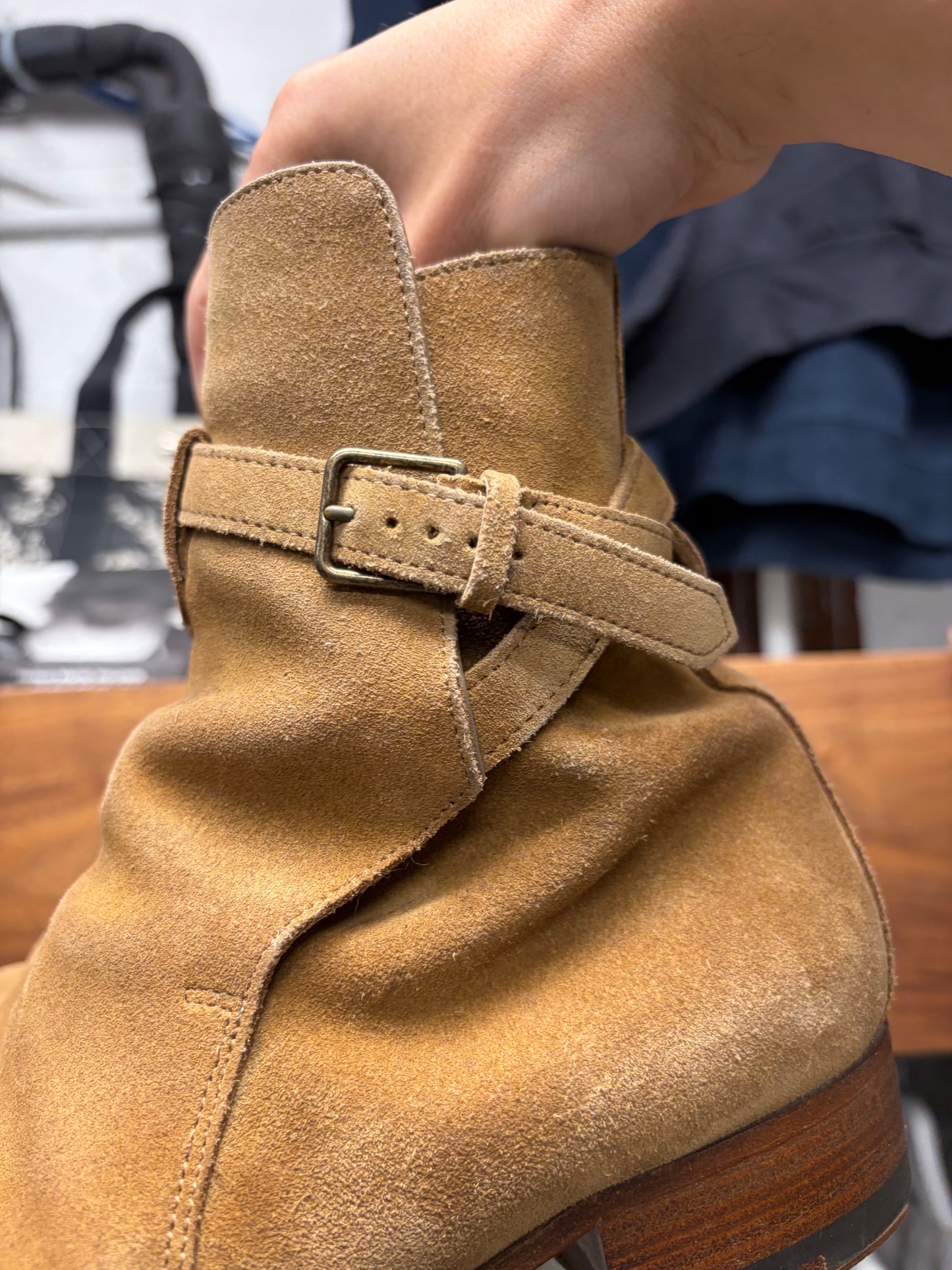 Saint Laurent ‘Jodhpur’ Brown Suede Harness Pointed Toe Ankle Boots