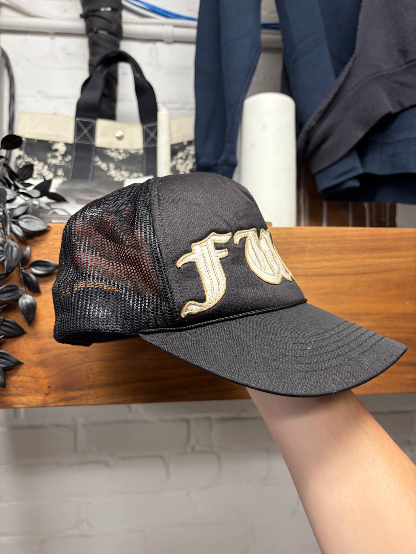 Vintage Chrome Hearts ‘Fuck’ White Leather Patched Black Trucker Hat