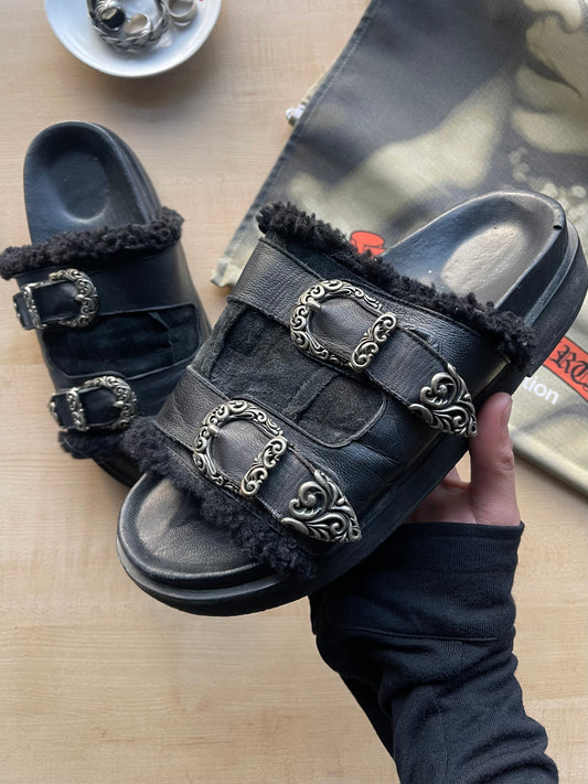 14th Addiction Sheepskin Lined Western Buckle Platform Slides