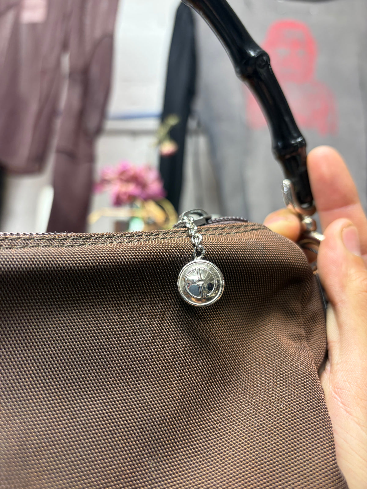 Gucci Brown Nylon Bamboo Handle Wood Mini Bag