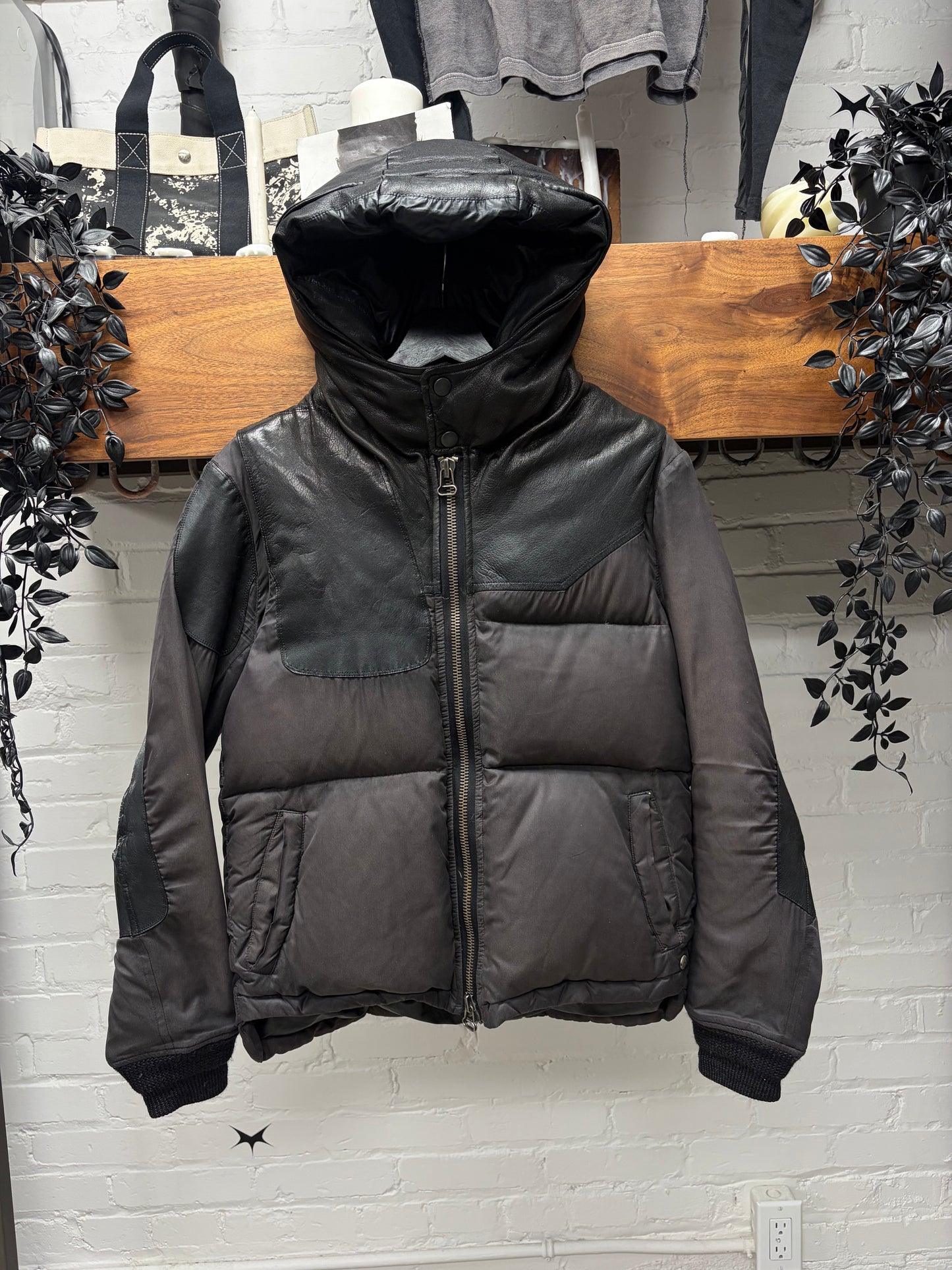Mihara Yasuhiro Leather/Down Filled Black Puffer Jacket