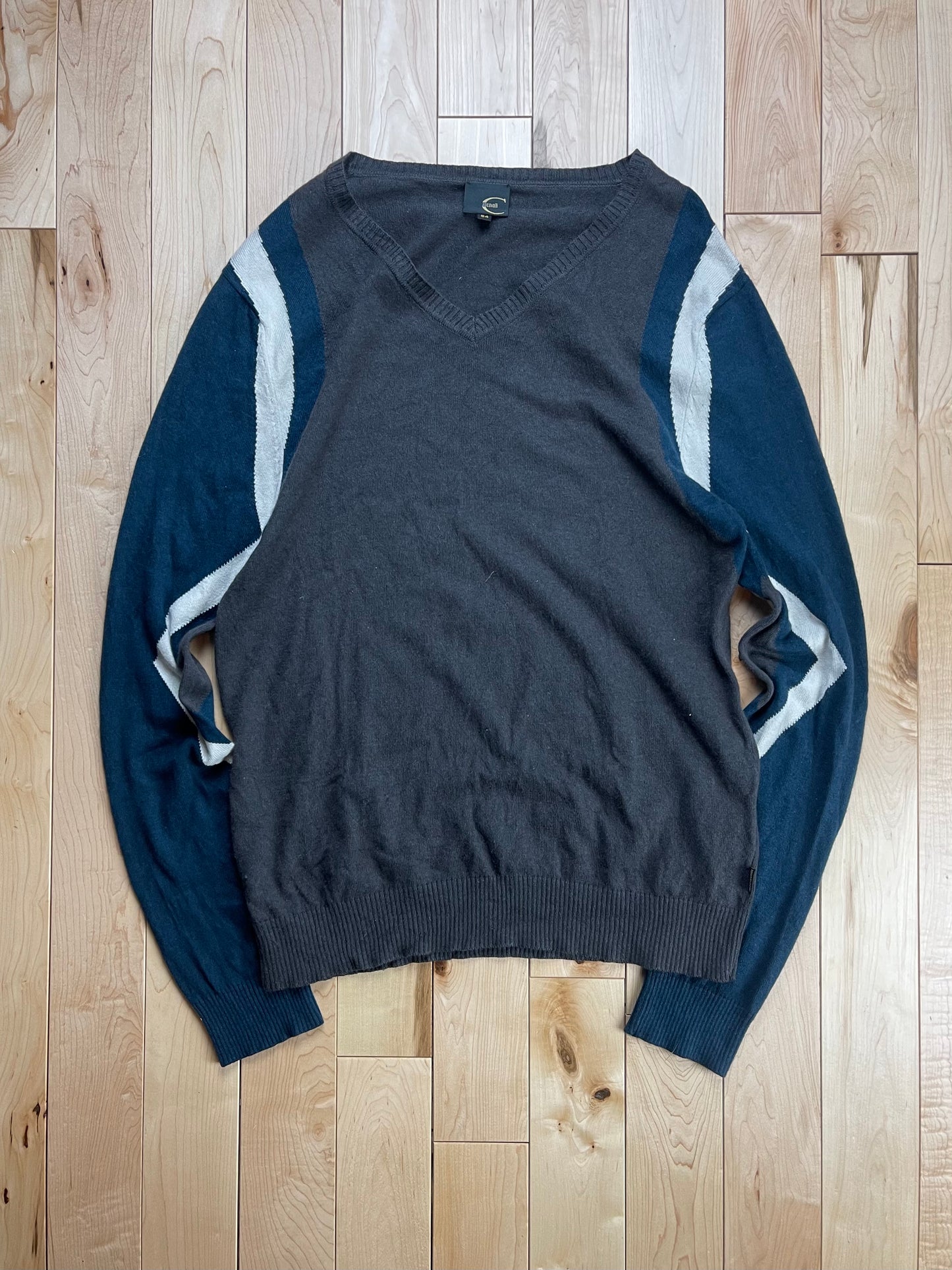 Roberto Cavalli Navy Blue/White V-Neck Colorblocked Sweater