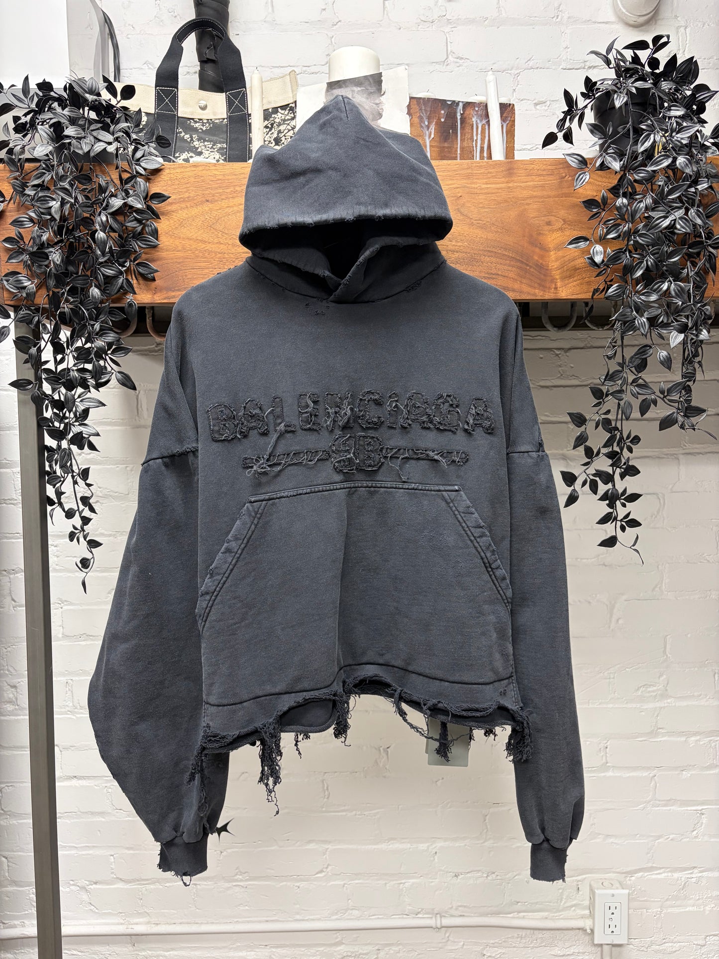 SS2025 Balenciaga Destroyed Distressed Cropped Black Heavy Cotton Logo Hoodie