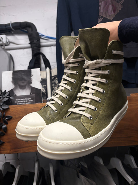 AW2024 Rick Owens ‘Porterville’ Waxed ‘Khaki’ Ramones High Top Sneakers