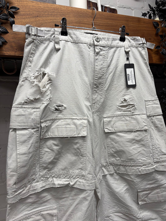 2023 Balenciaga Distressed White Ripstop Wide Leg Cargo Pants