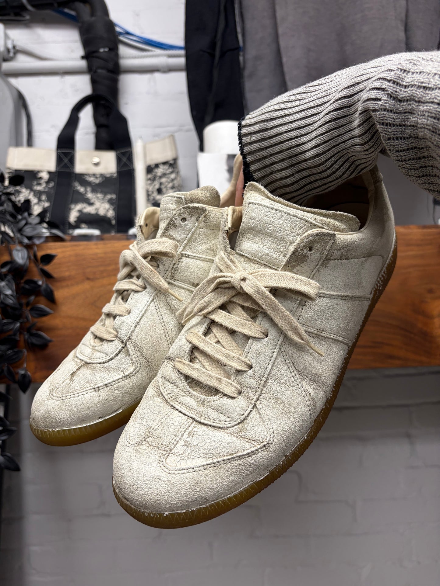 Maison Margiela ‘G.A.T.’ Paint Coated White Leather Low Top Sneakers