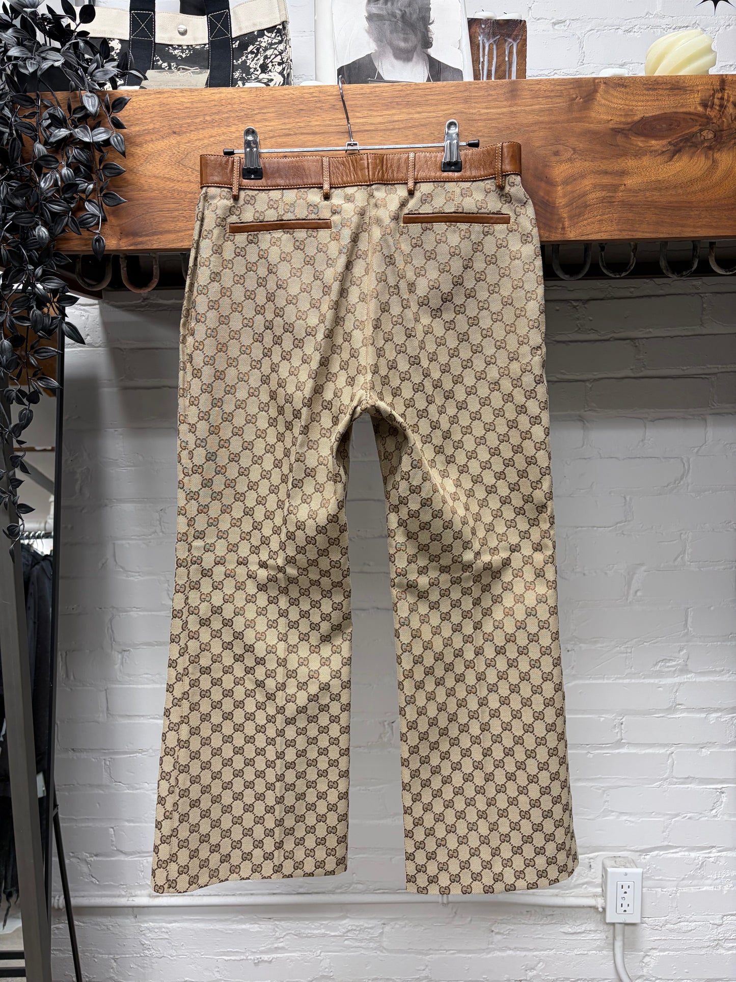 AW2000 Gucci by Tom Ford Monogram Canvas Flared Leg Trousers with Leather Waistband