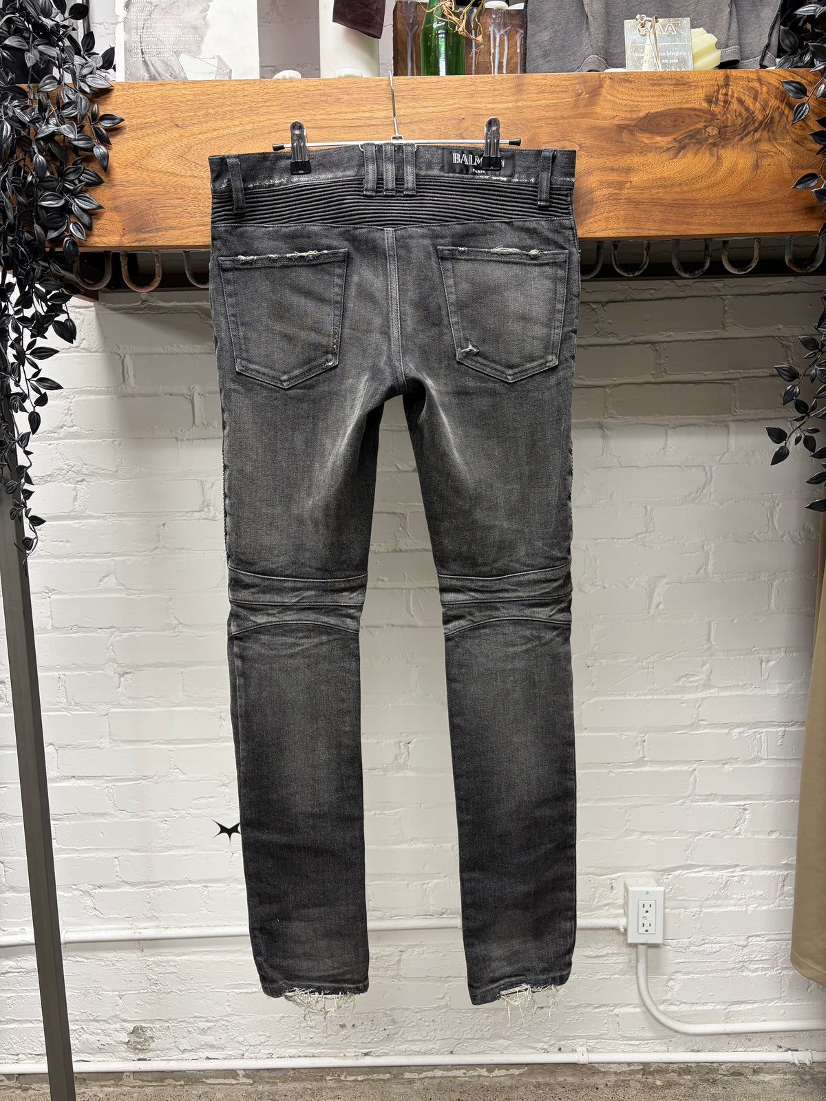 Balmain Distressed Grey Moto-Knee Skinny Biker Denim