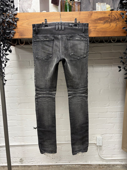 Balmain Distressed Grey Moto-Knee Skinny Biker Denim