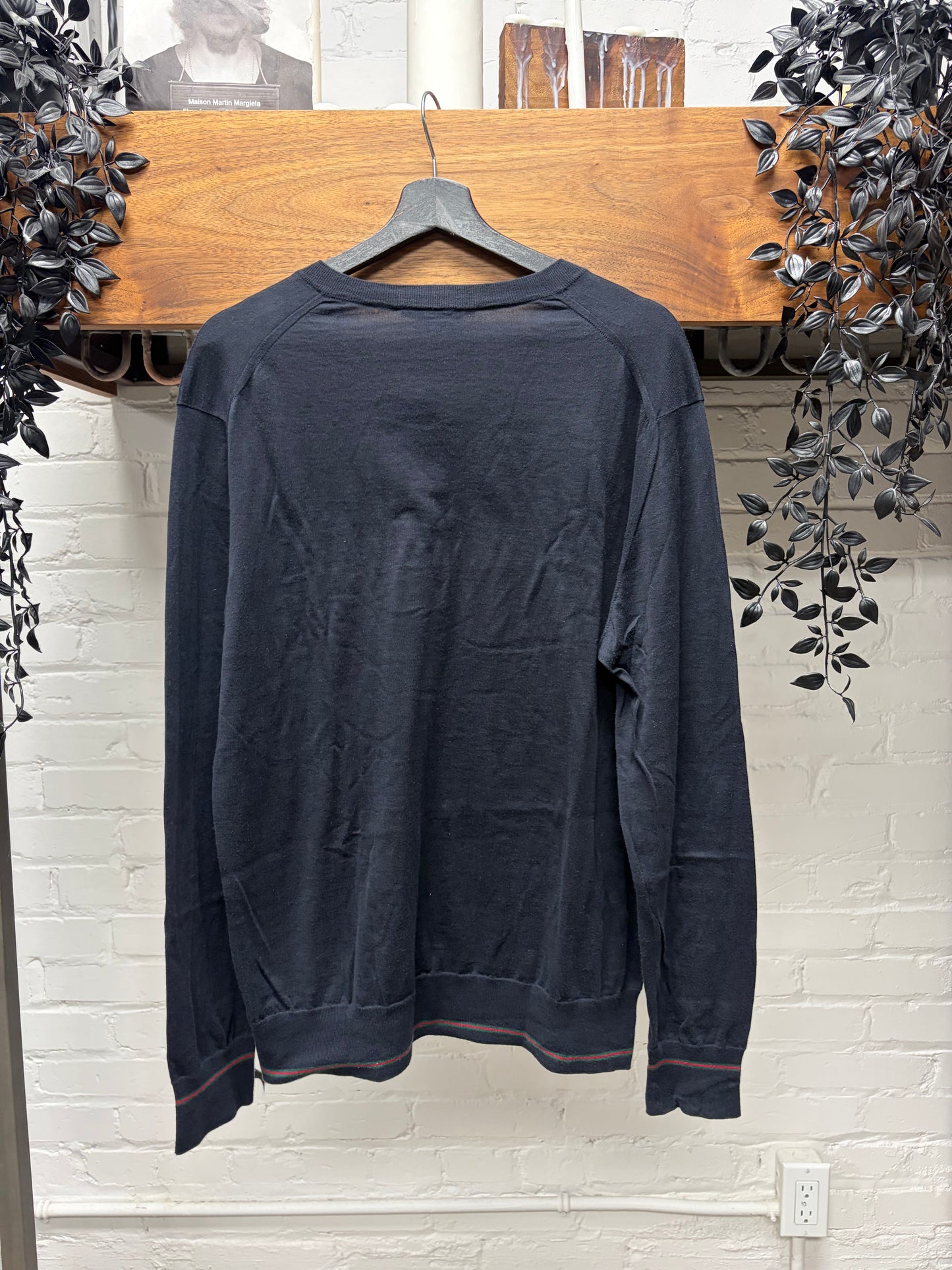 2000s Gucci ‘Stripe Logo’ Cuff Finished V-Neck Knit Sweater