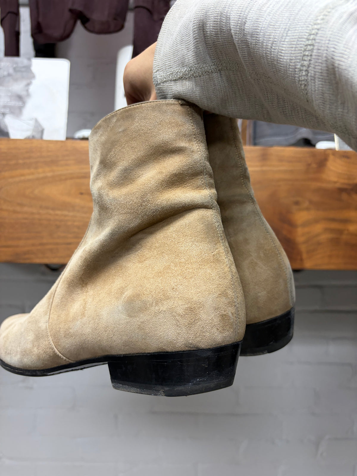 Saint Laurent by Anthony Vacarello Tan Suede Pointed Toe Chelsea Boots