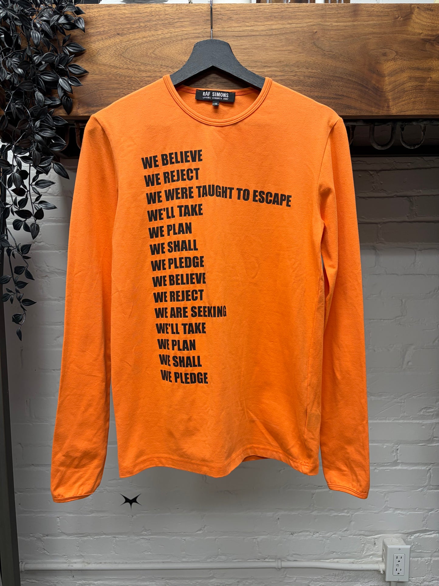 SS2002 Raf Simons ‘Woe Unto Those Who Spit on the Fear Generation’ Orange Long Sleeve Shirt