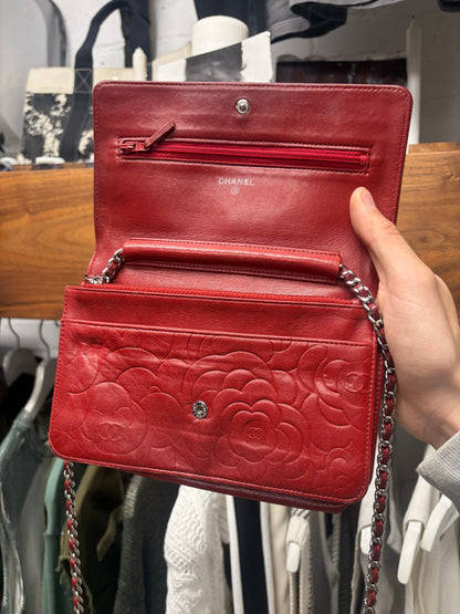 Chanel ‘Camellia’ Red Floral Embossed Leather Wallet on Chain Bag