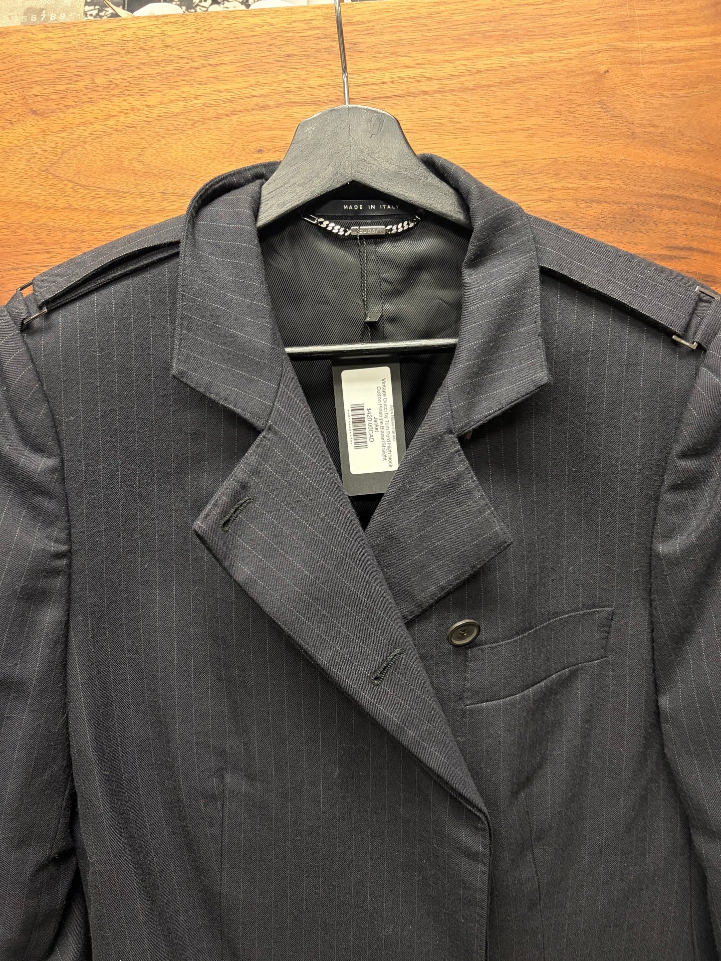 Vintage Gucci by Tom Ford High Neck Cotton Pinstripe Blazer/Straight Jacket