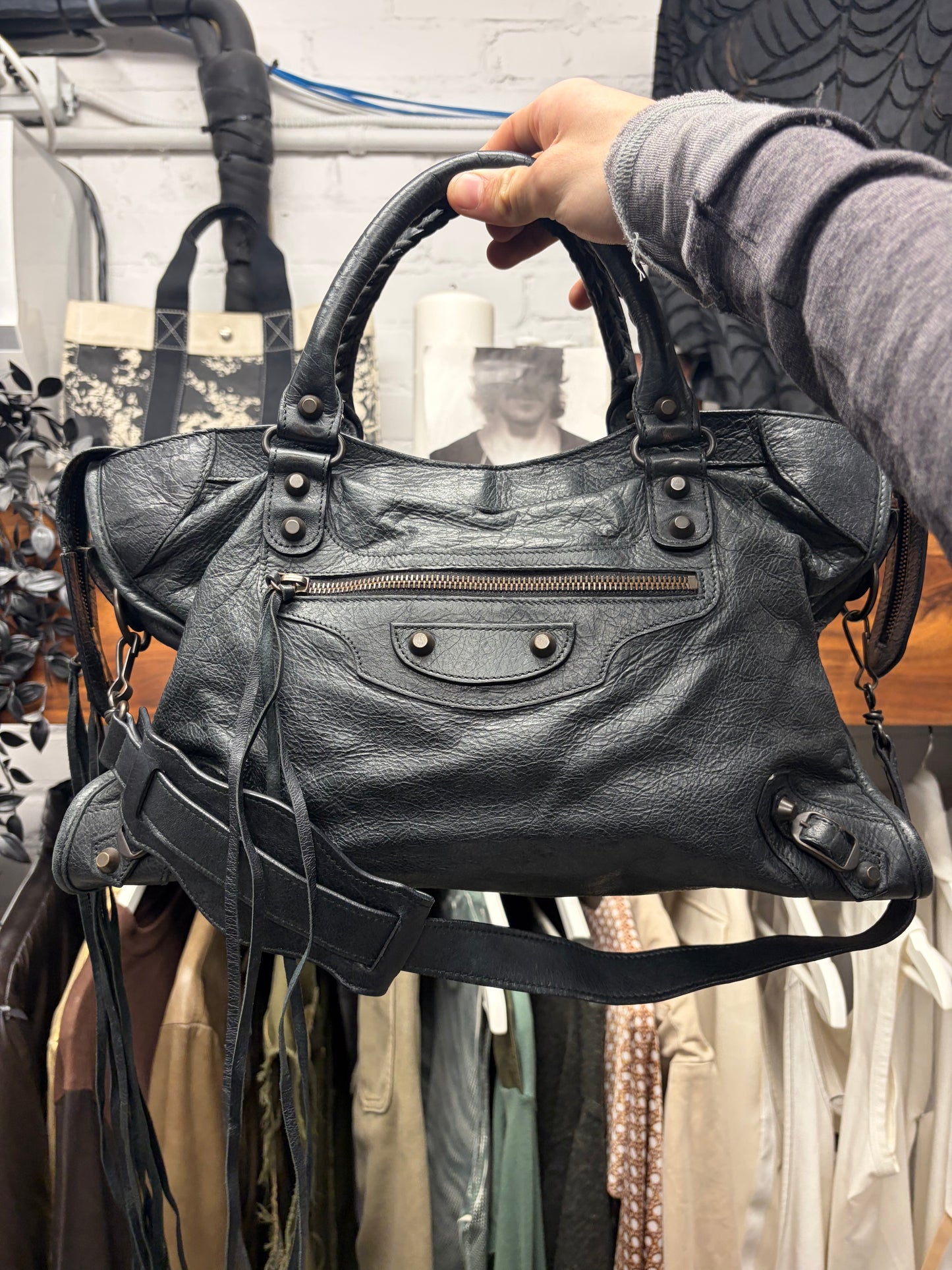 Balenciaga Black/Silver Hardware ‘City’ Bag with Crossbody Strap