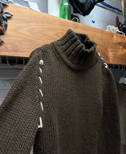 2000s Roberto Cavalli Brown Wool Knit Sweater with White Contrast Stitching