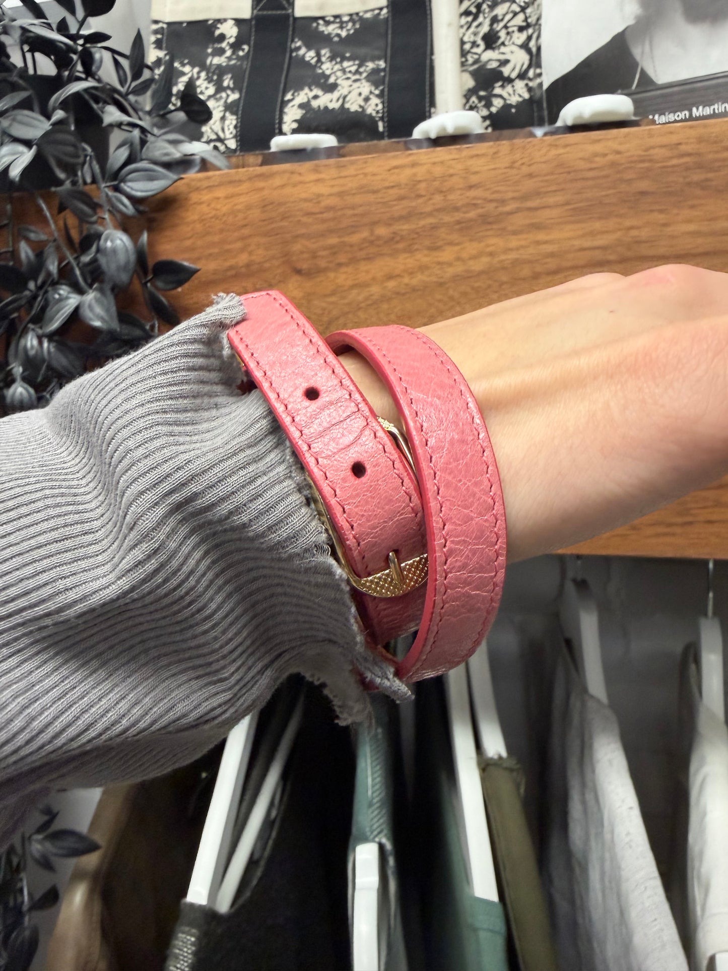 Balenciaga Triple Wrapped Pink Leather ‘Agneau’ Bracelet