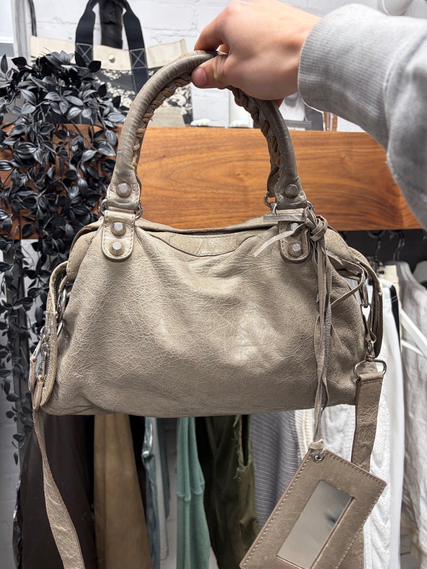 Balenciaga Mini Taupe Brown ‘City Bag’ with Mirror and Crossbody Strap