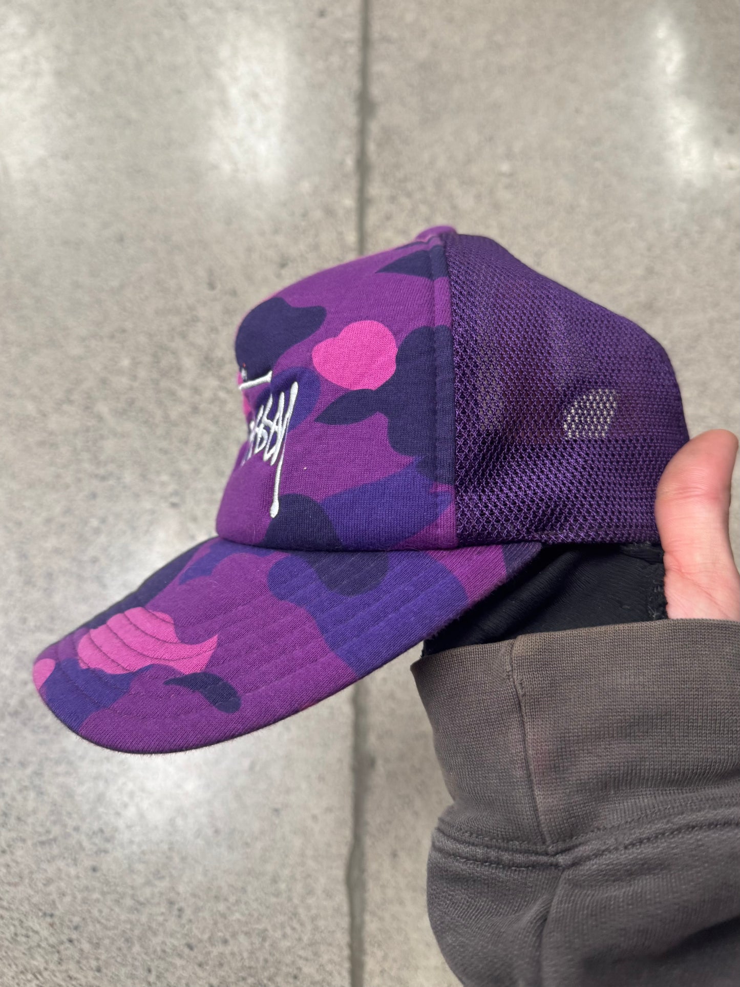 Bape x Stussy Purple Camo SnapBack Trucker Hat