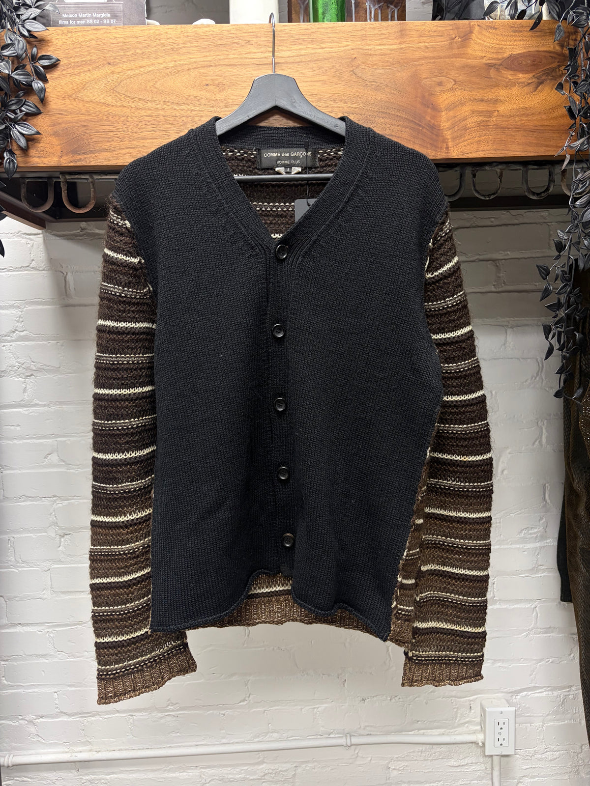 AW2011 Comme Des Garçons Homme Plus Black Knit Cardigan with Stripe Patterned Wool Sleeves
