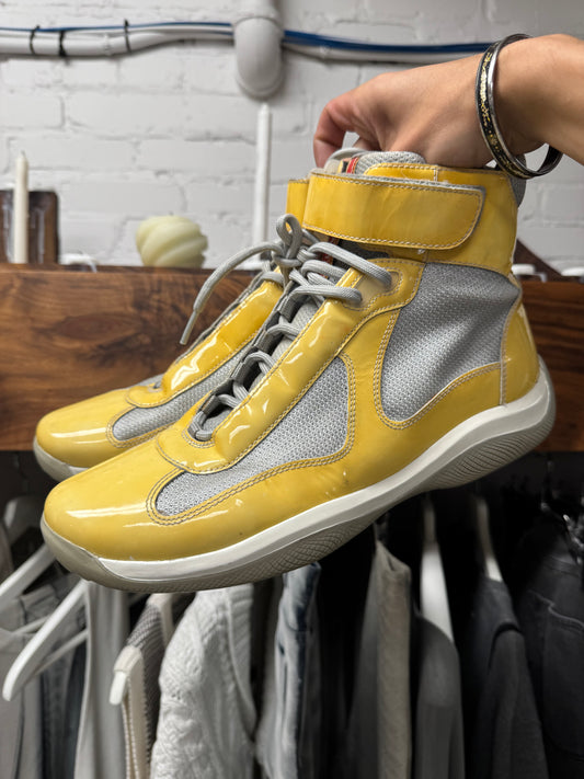 2000s Prada ‘Americas Cup’ Bike Yellow/Grey Patent Leather High Top Sneakers