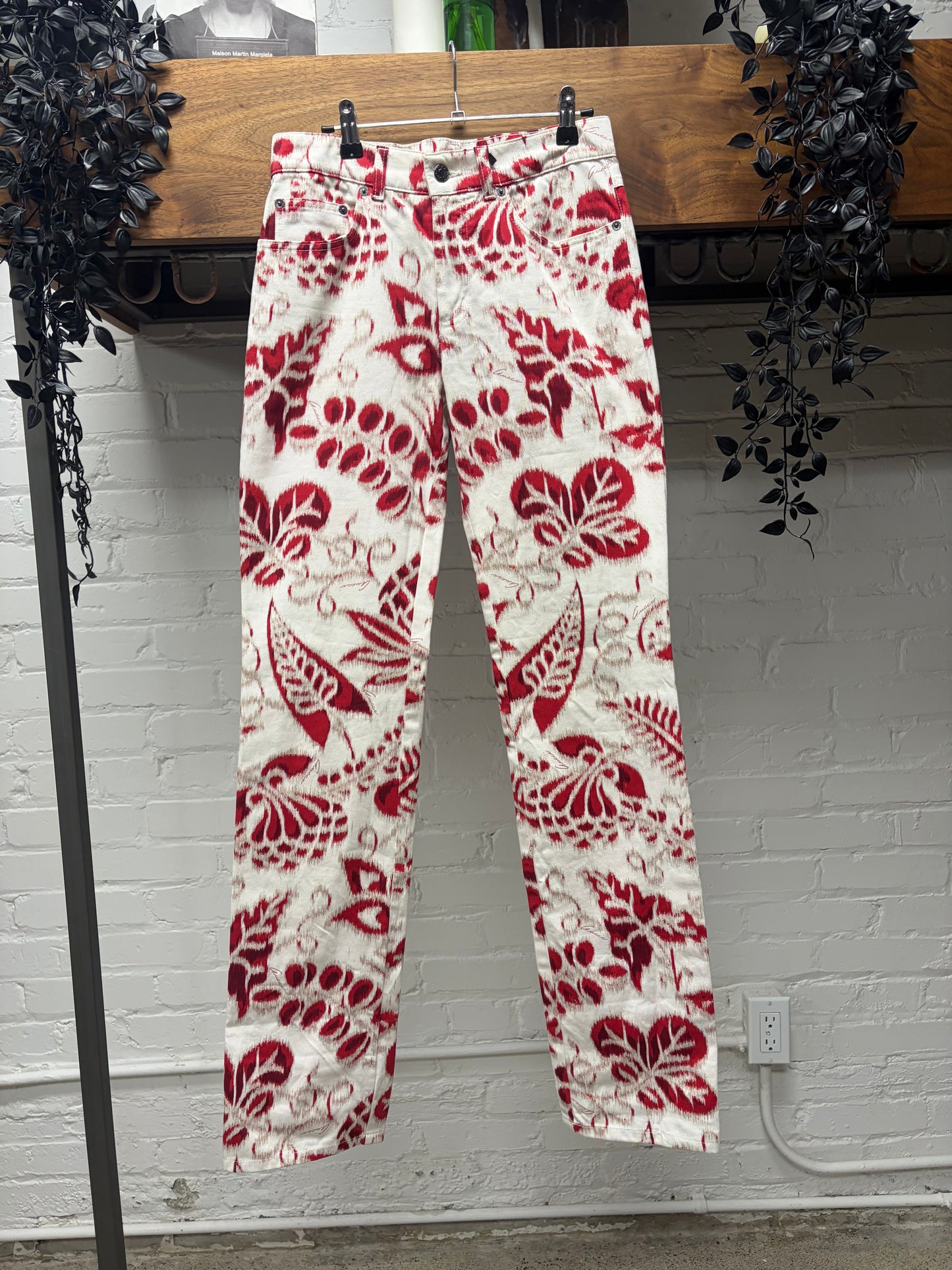 SS2000 Gucci by Tom Ford Floral Patterned Red/White Straight Leg Denim
