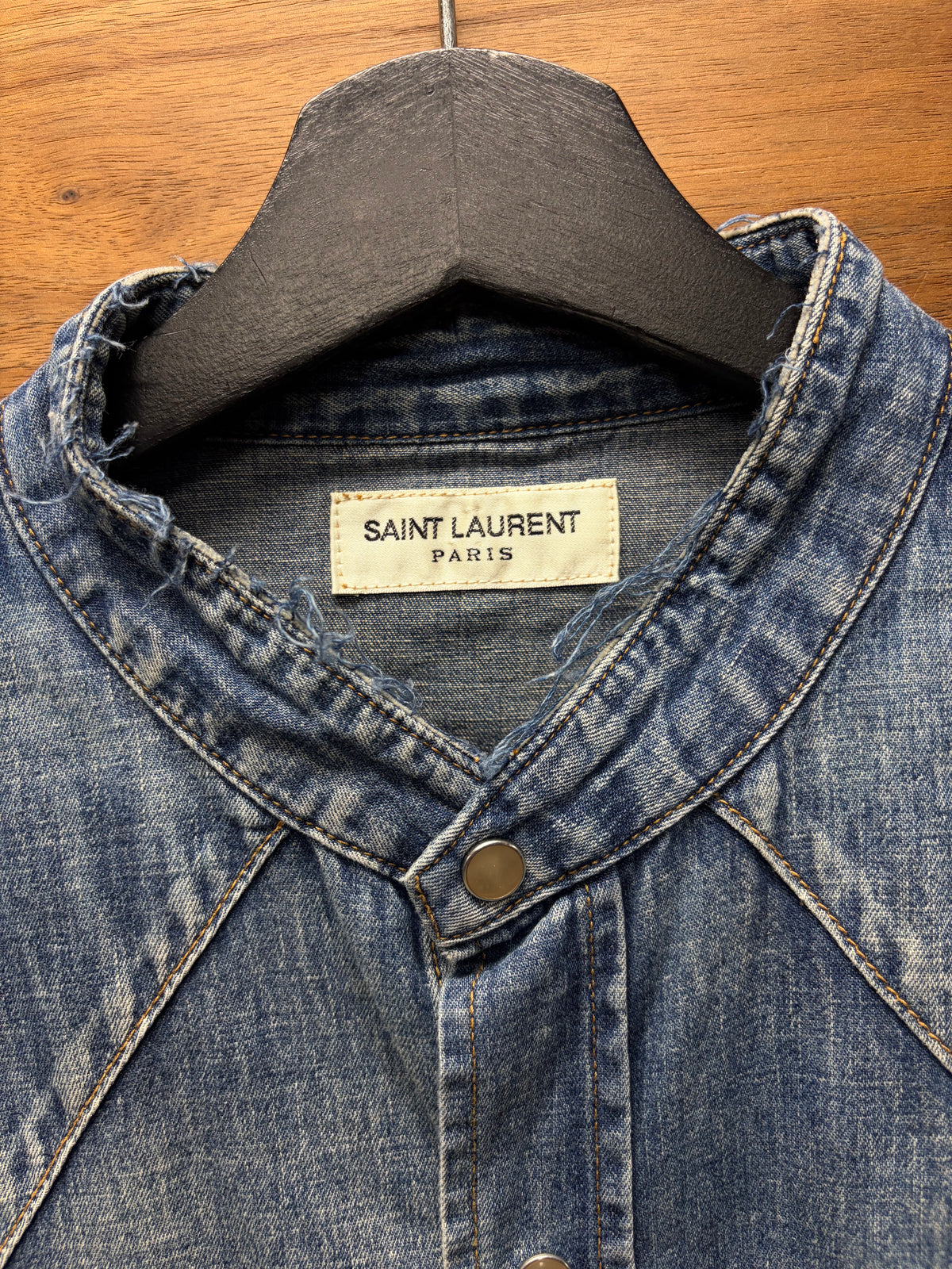 2016 Saint Laurent by Hedi Slimane ‘Cutoff Collar’ Denim Pearl Snap Button Shirt