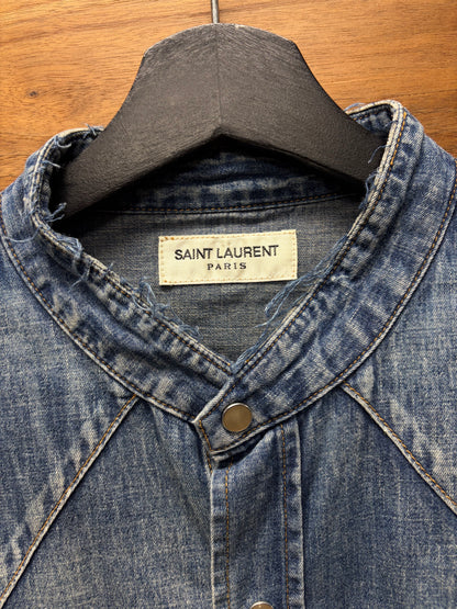 2016 Saint Laurent by Hedi Slimane ‘Cutoff Collar’ Denim Pearl Snap Button Shirt