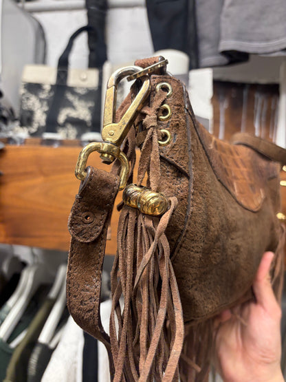 2000s Roberto Cavalli Crocodile Embossed Leather Fringe Side-Bag