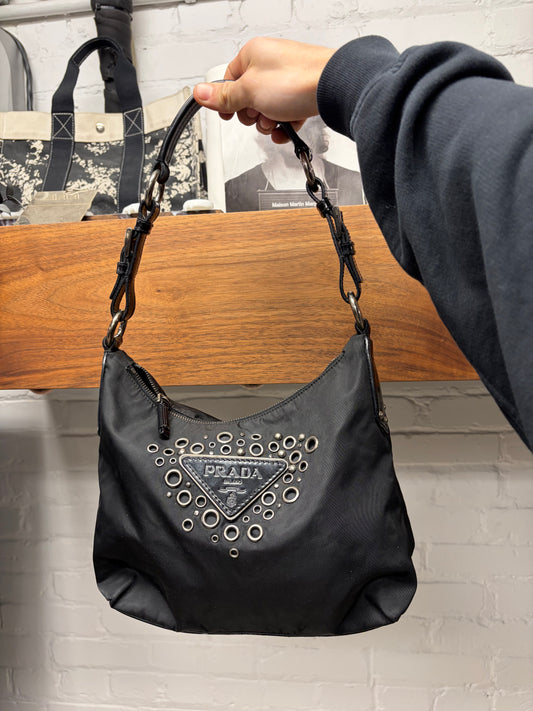 Prada Black Nylon Vela ‘Grommet Detail’ Hobo Shoulder Bag
