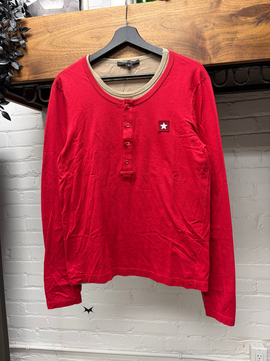 2008 Gucci ‘Star Patch’ Double Layered Brown/Red Cotton Henley Long Sleeve Shirt
