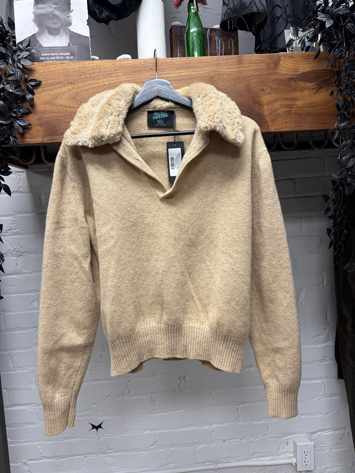 Vintage 90s Jean Paul Gaultier Knit Piqué Collared Sweater with Removable Fur Trim