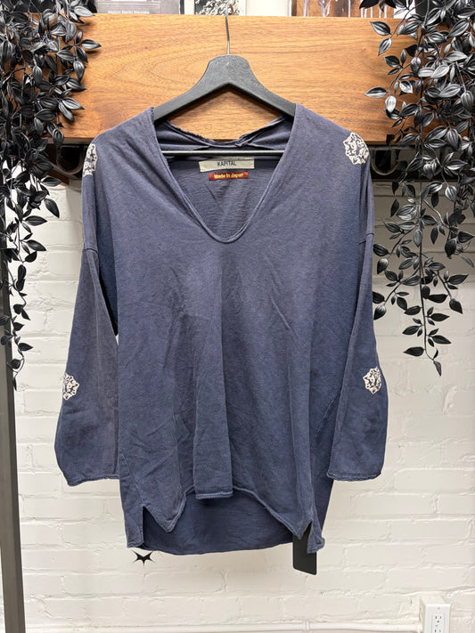 Kapital Plunged Neckline Purple Sun Faded Baseball Sleeve Shirt