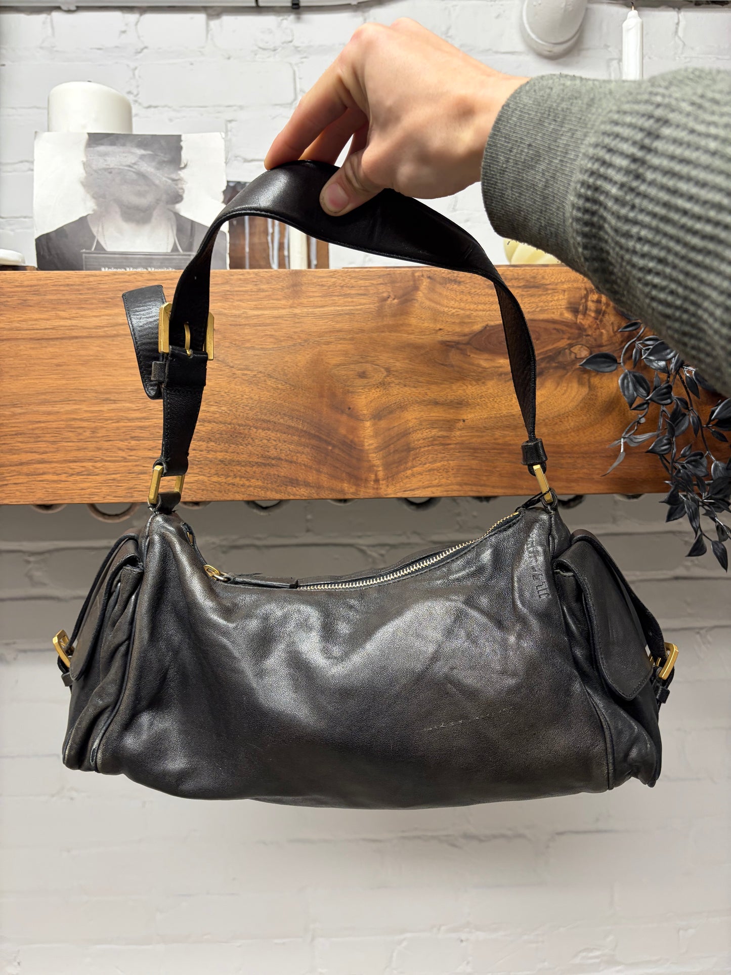 2000s Jil Sander Brown Lambskin Leather Mini Cargo Shoulder Bag