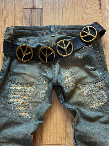 LGB Raw Leather Peace Motif Brass Buckle Belt