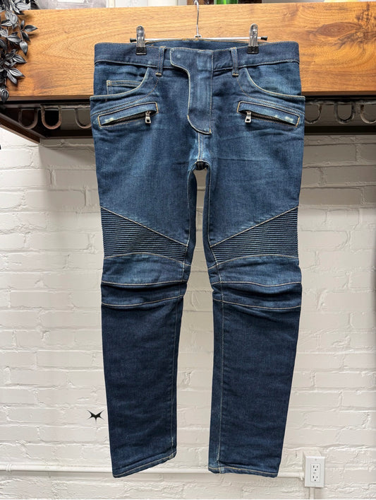 Balmain Classic Raw Wash Blue Moto-Biker Skinny Jeans