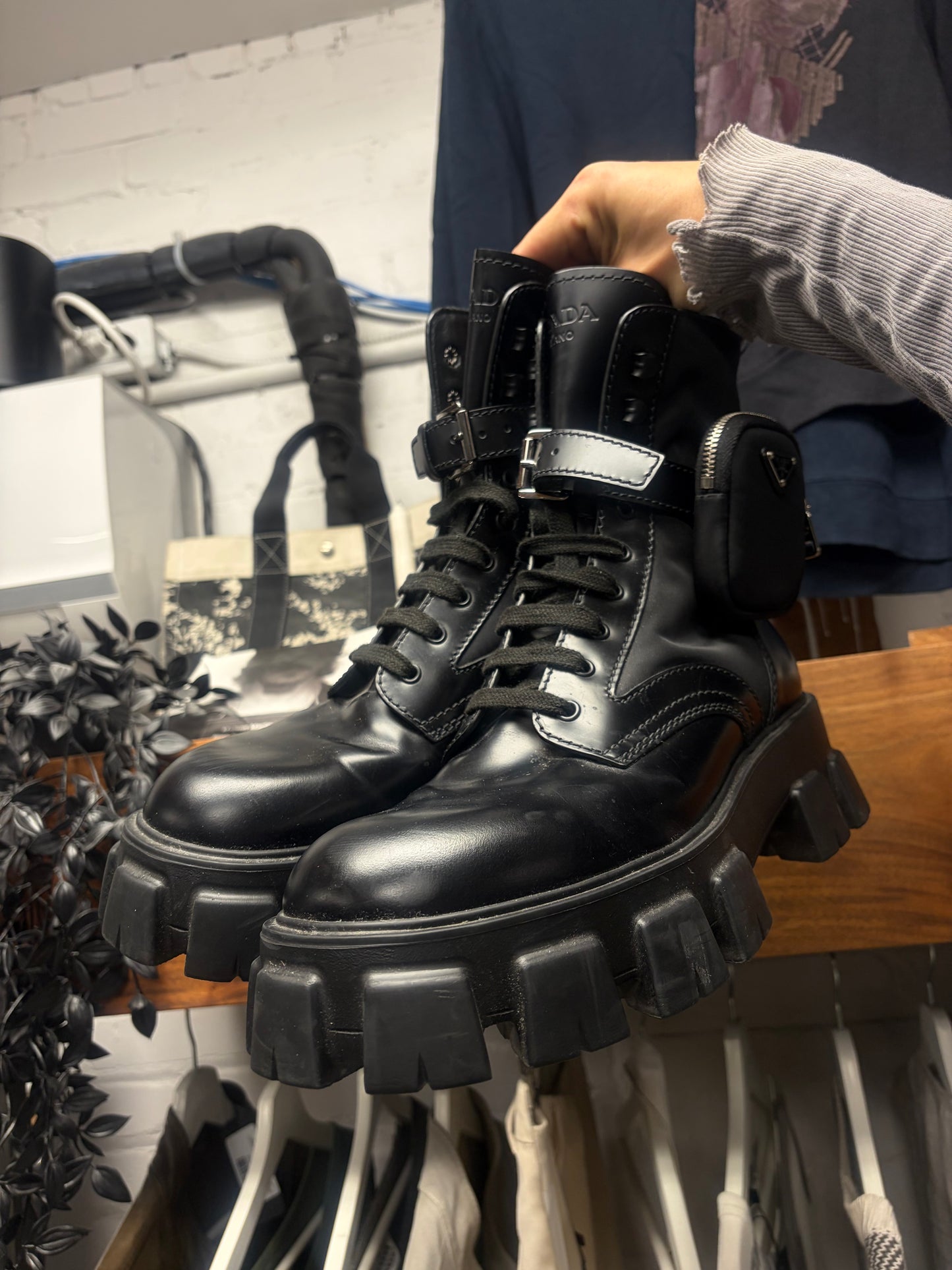 Prada ‘Monolith’ Brushed Black Leather Re-Nylon Combat Boots