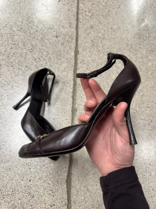 Gucci Brown ‘Bordeaux’ Leather  Ankle Strap Heels