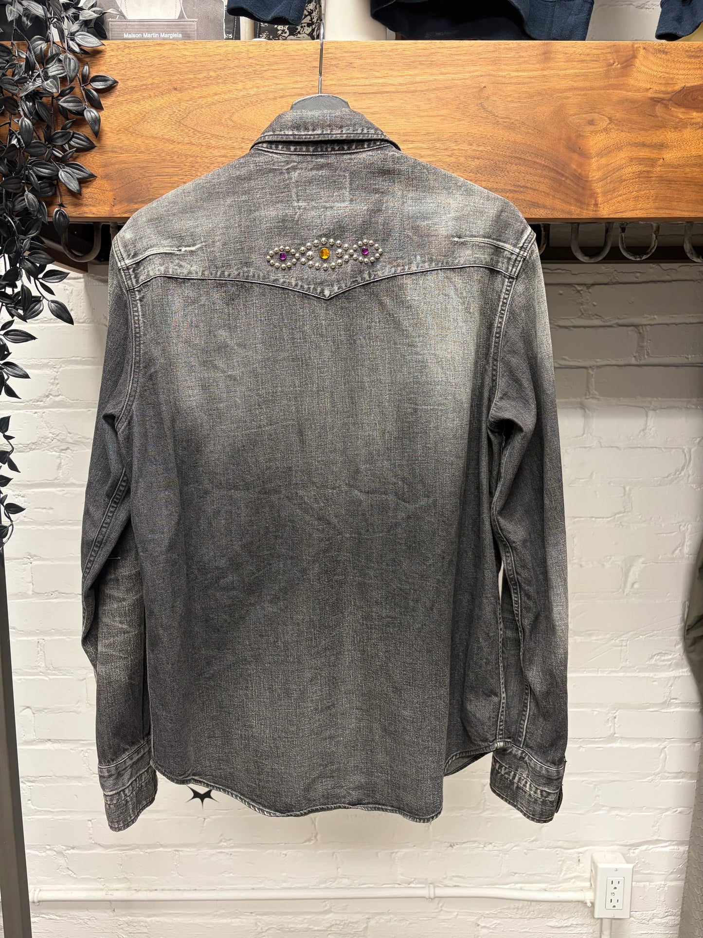 Number (N)ine Gemstone Studded Black Denim Button Snap Work Shirt