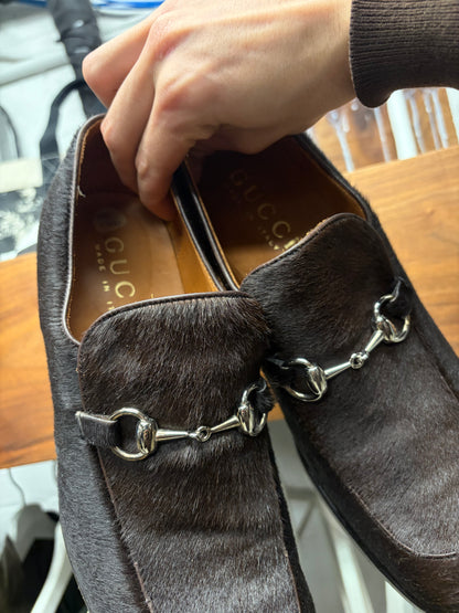 Gucci by Tom Ford Brown Pony Hair ‘Horsebit’ Loafers with Platform Heel