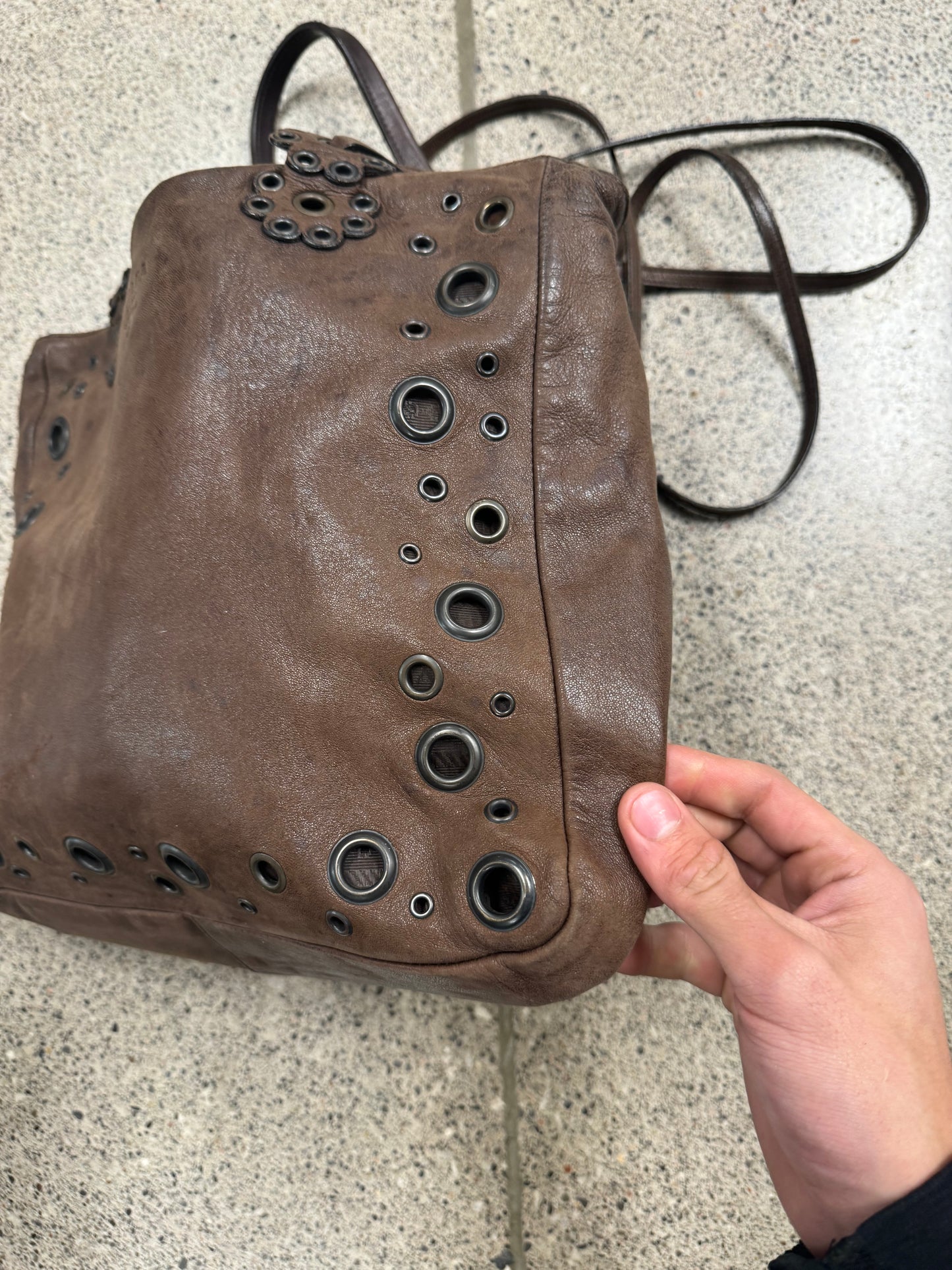 Prada Eyelet Studded Brown Leather Shoulder Bag