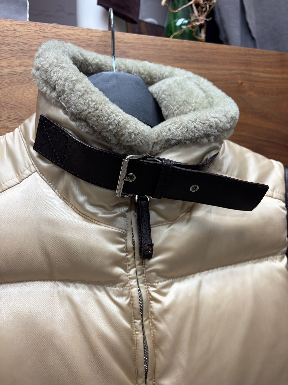2006 Prada Gold Puffer Vest with Leather Belted Collar and Sheep Fur Trim