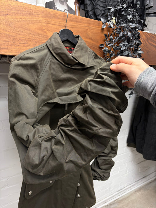 AW2017 Saint Laurent ‘Ruched Sleeves’ Waxed Military Canvas Coat with Plaid Liner