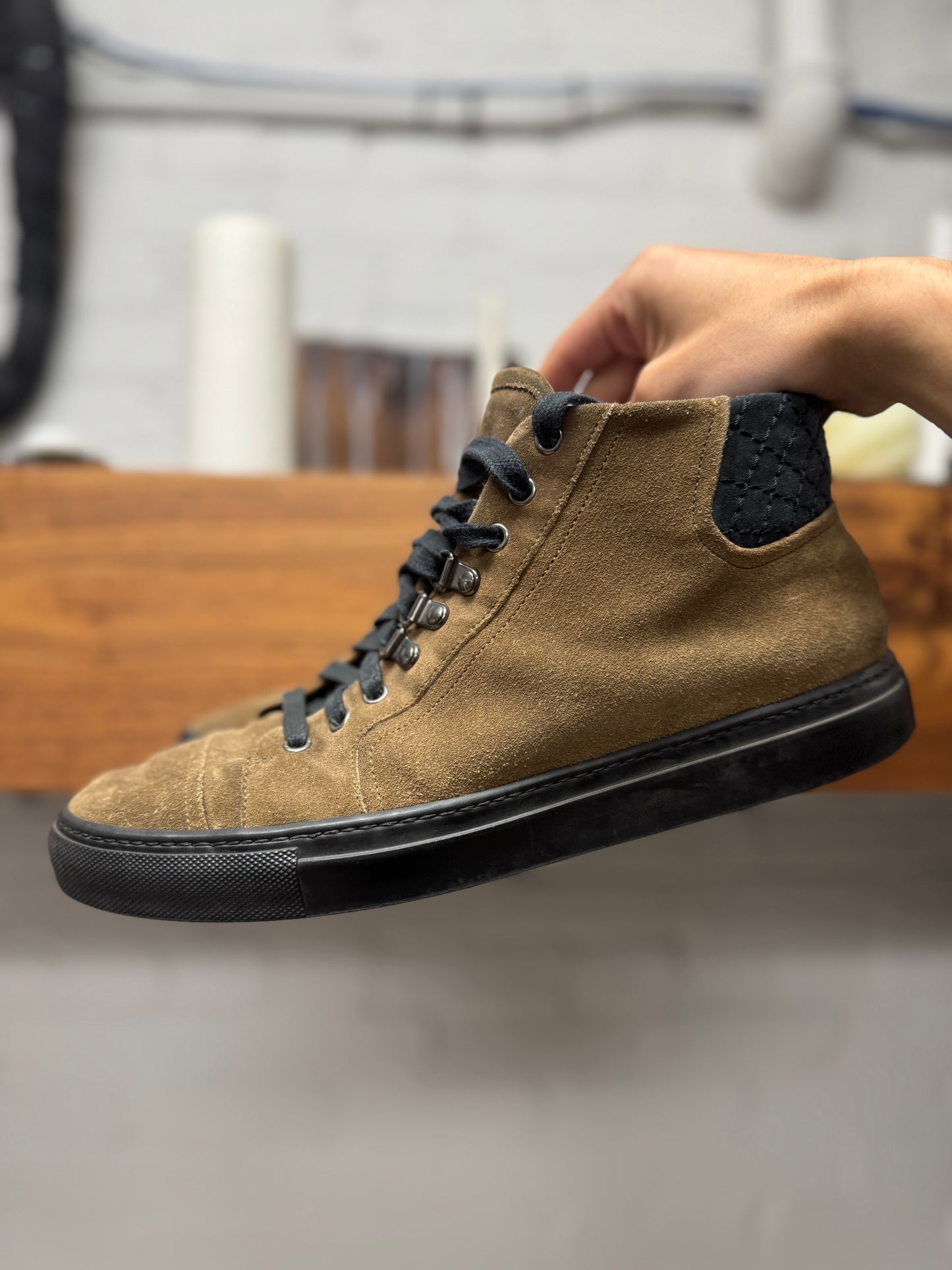 Balenciaga ‘Arena’ Brown/Black Quilted Suede High Top Sneakers