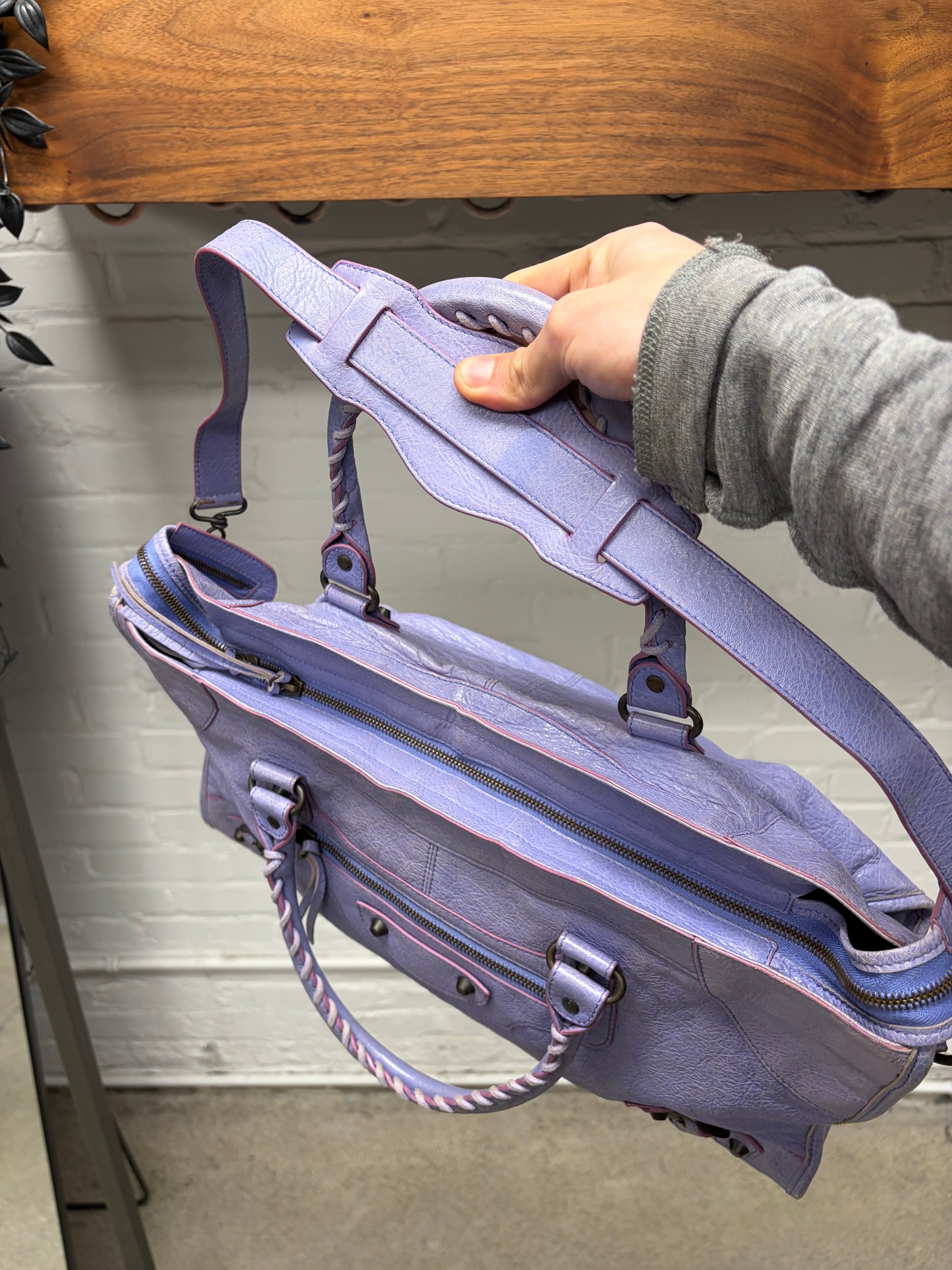 Balenciaga Lavender Purple Leather ‘City Bag’ with Crossbody Strap